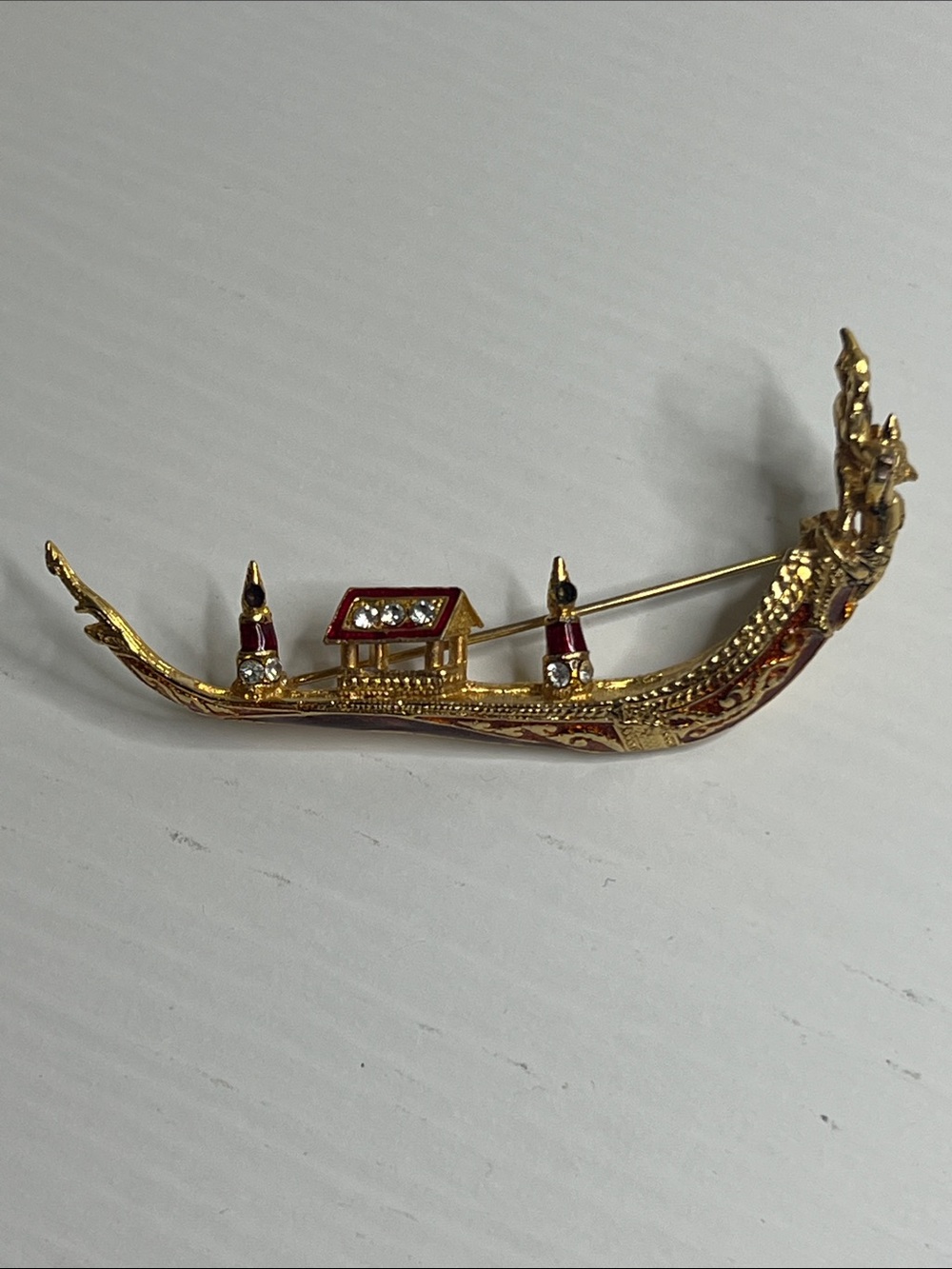 Vintage Suphannahong Royal Barge Thai Rhinestones Gold Tone Brooch / Pin